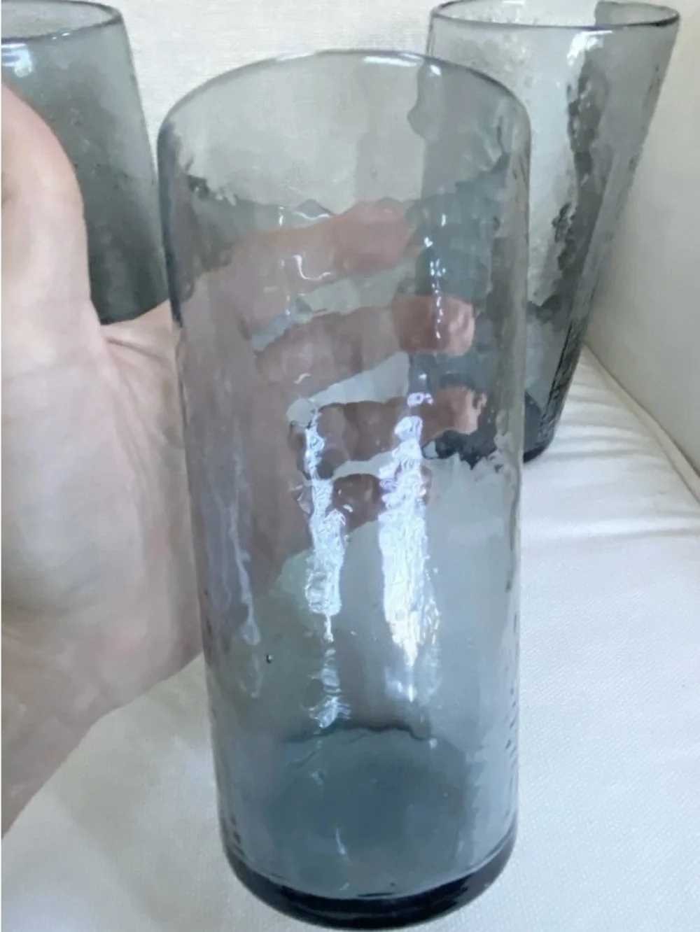 Pottery Barn Hammered Glass Tumblers Gray Blue Blown Glass Set of 4